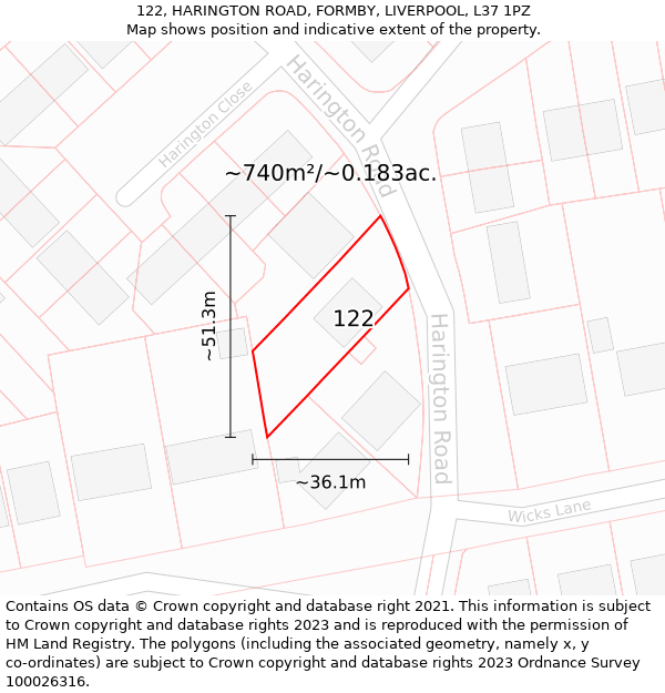 122, HARINGTON ROAD, FORMBY, LIVERPOOL, L37 1PZ: Plot and title map