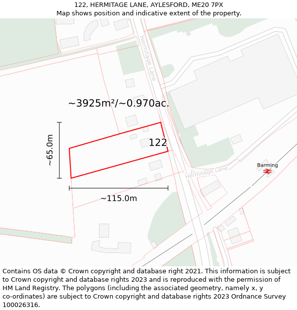 122, HERMITAGE LANE, AYLESFORD, ME20 7PX: Plot and title map