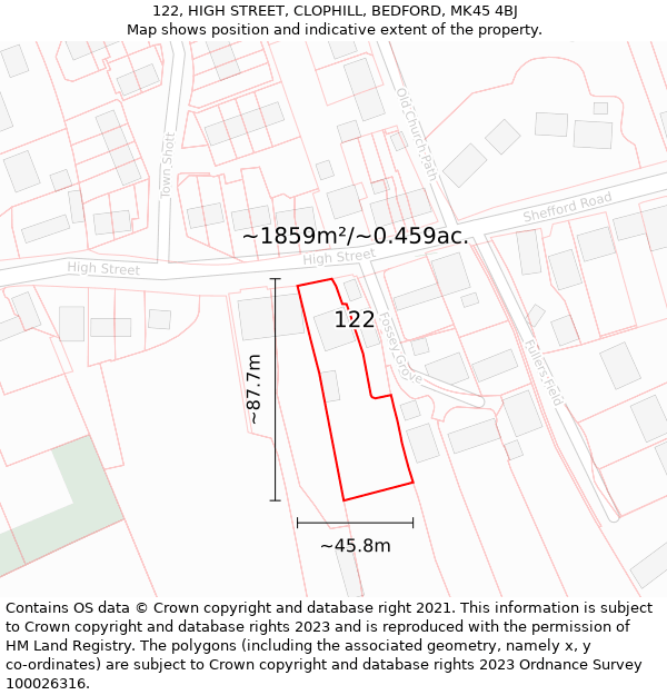 122, HIGH STREET, CLOPHILL, BEDFORD, MK45 4BJ: Plot and title map