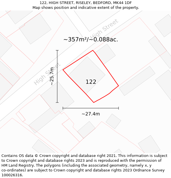 122, HIGH STREET, RISELEY, BEDFORD, MK44 1DF: Plot and title map