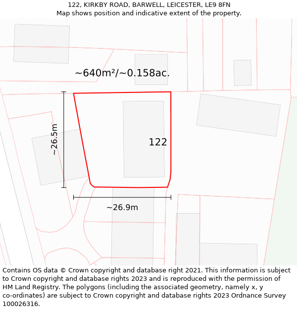 122, KIRKBY ROAD, BARWELL, LEICESTER, LE9 8FN: Plot and title map