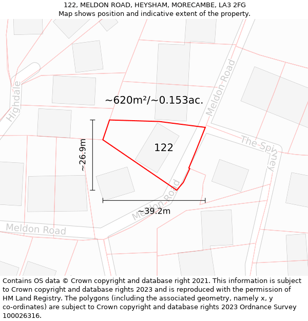 122, MELDON ROAD, HEYSHAM, MORECAMBE, LA3 2FG: Plot and title map