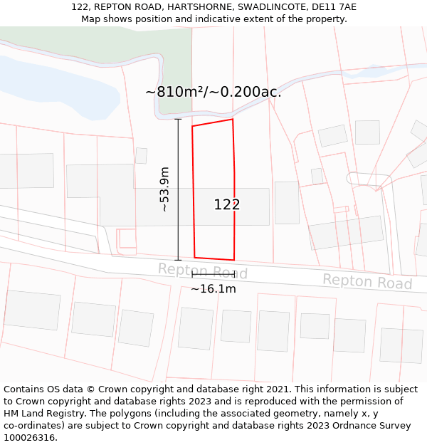 122, REPTON ROAD, HARTSHORNE, SWADLINCOTE, DE11 7AE: Plot and title map