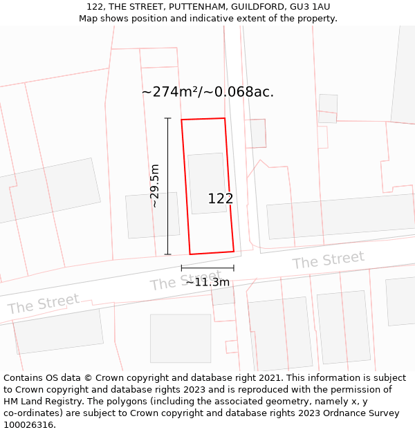 122, THE STREET, PUTTENHAM, GUILDFORD, GU3 1AU: Plot and title map