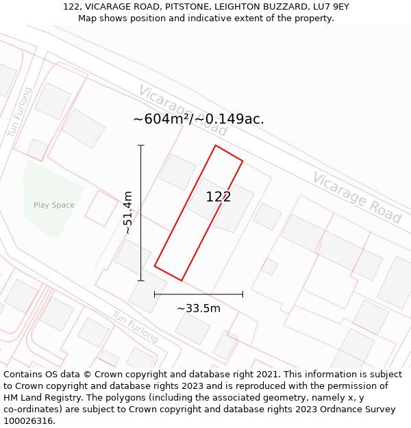 122, VICARAGE ROAD, PITSTONE, LEIGHTON BUZZARD, LU7 9EY: Plot and title map