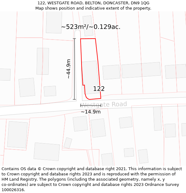 122, WESTGATE ROAD, BELTON, DONCASTER, DN9 1QG: Plot and title map