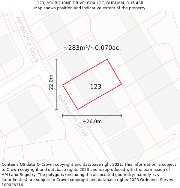 123, ASHBOURNE DRIVE, COXHOE, DURHAM, DH6 4SR: Plot and title map