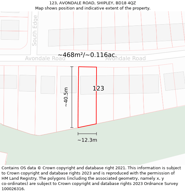 123, AVONDALE ROAD, SHIPLEY, BD18 4QZ: Plot and title map