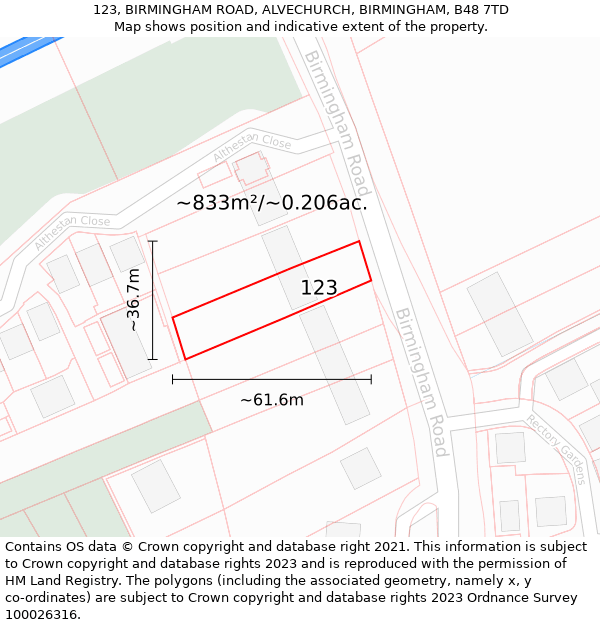 123, BIRMINGHAM ROAD, ALVECHURCH, BIRMINGHAM, B48 7TD: Plot and title map