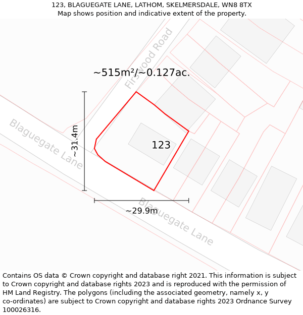 123, BLAGUEGATE LANE, LATHOM, SKELMERSDALE, WN8 8TX: Plot and title map