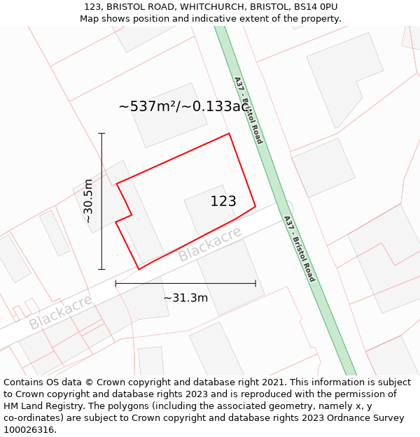 123, BRISTOL ROAD, WHITCHURCH, BRISTOL, BS14 0PU: Plot and title map