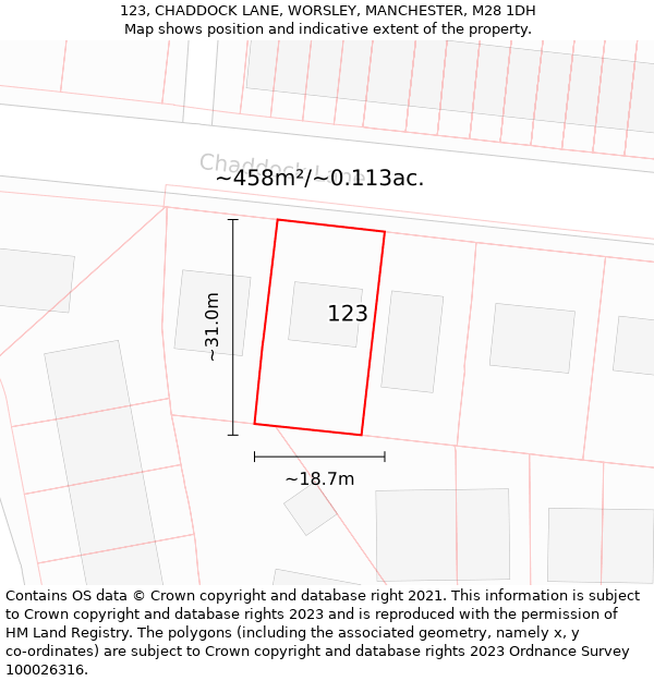 123, CHADDOCK LANE, WORSLEY, MANCHESTER, M28 1DH: Plot and title map