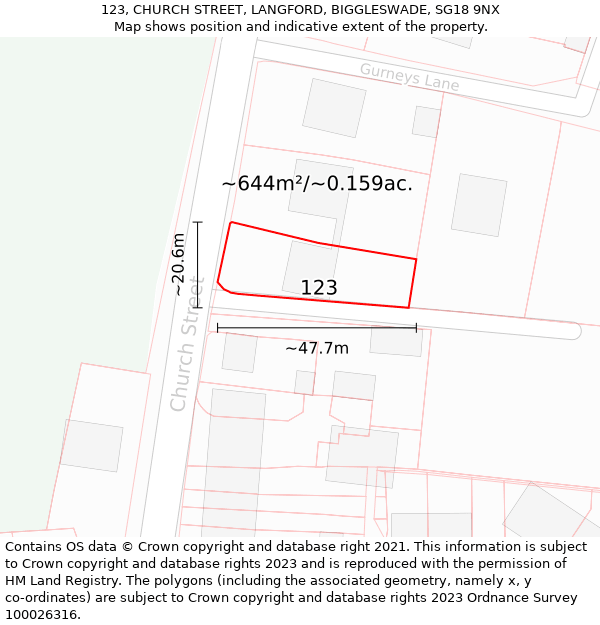 123, CHURCH STREET, LANGFORD, BIGGLESWADE, SG18 9NX: Plot and title map