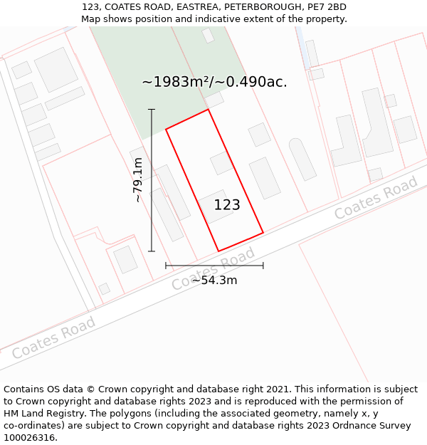 123, COATES ROAD, EASTREA, PETERBOROUGH, PE7 2BD: Plot and title map