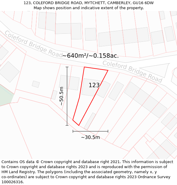 123, COLEFORD BRIDGE ROAD, MYTCHETT, CAMBERLEY, GU16 6DW: Plot and title map