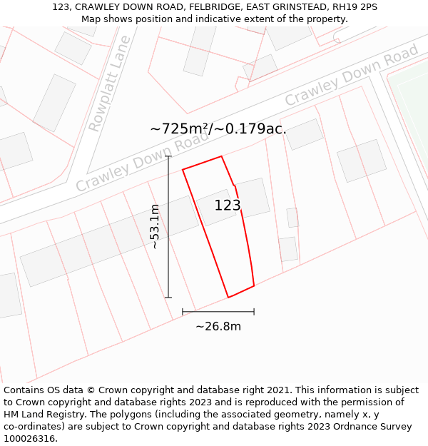 123, CRAWLEY DOWN ROAD, FELBRIDGE, EAST GRINSTEAD, RH19 2PS: Plot and title map