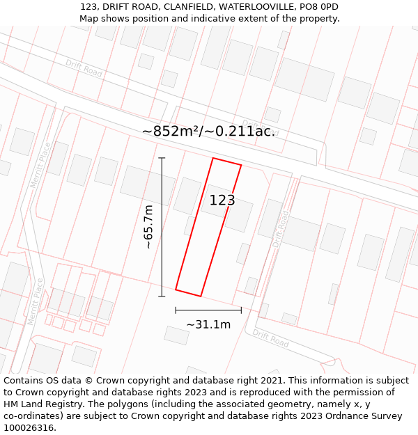 123, DRIFT ROAD, CLANFIELD, WATERLOOVILLE, PO8 0PD: Plot and title map