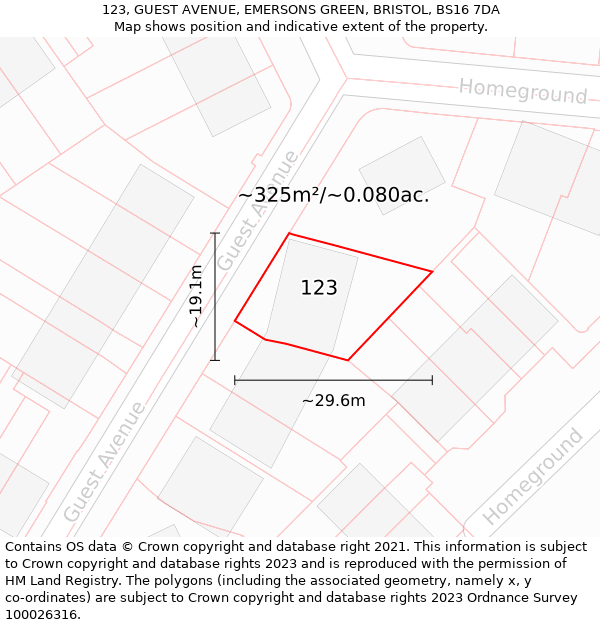 123, GUEST AVENUE, EMERSONS GREEN, BRISTOL, BS16 7DA: Plot and title map