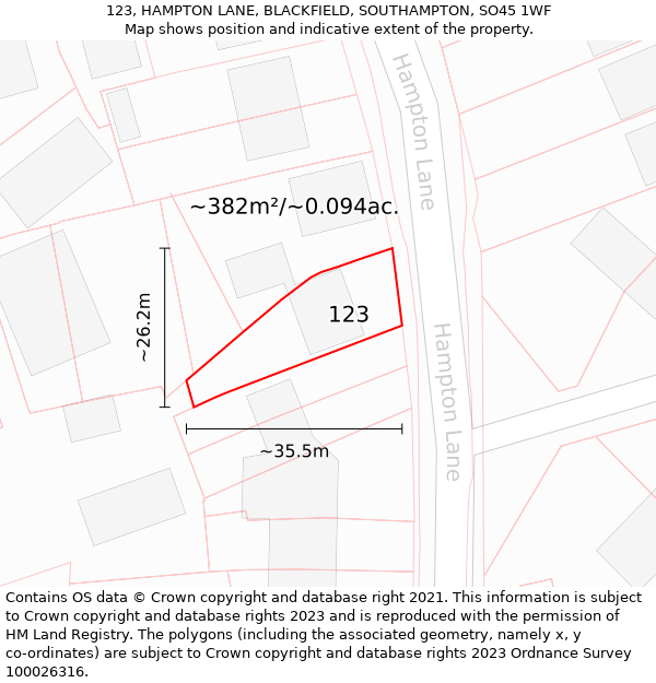 123, HAMPTON LANE, BLACKFIELD, SOUTHAMPTON, SO45 1WF: Plot and title map