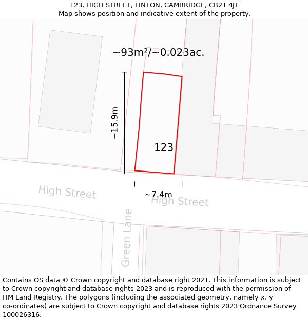 123, HIGH STREET, LINTON, CAMBRIDGE, CB21 4JT: Plot and title map