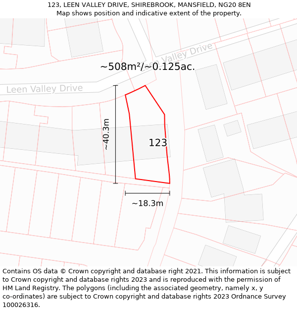 123, LEEN VALLEY DRIVE, SHIREBROOK, MANSFIELD, NG20 8EN: Plot and title map