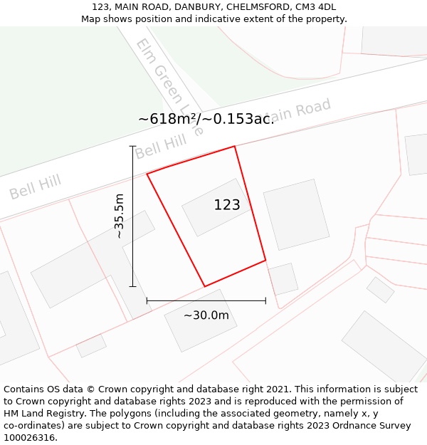 123, MAIN ROAD, DANBURY, CHELMSFORD, CM3 4DL: Plot and title map