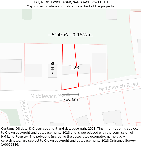 123, MIDDLEWICH ROAD, SANDBACH, CW11 1FH: Plot and title map
