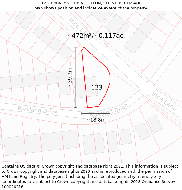 123, PARKLAND DRIVE, ELTON, CHESTER, CH2 4QE: Plot and title map