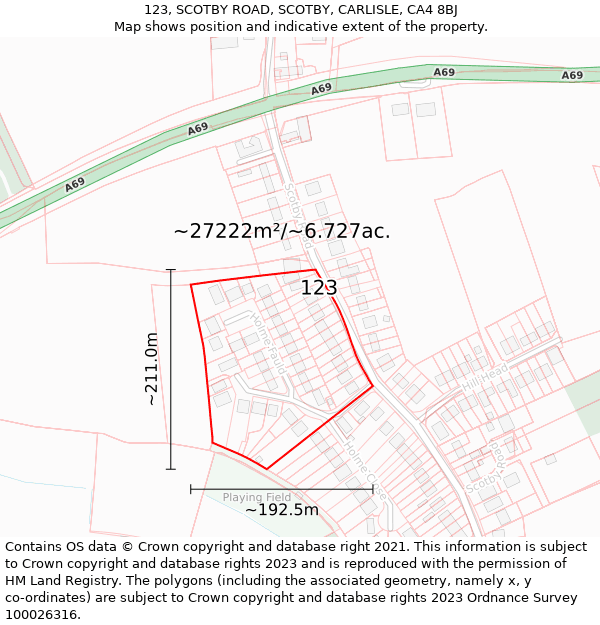 123, SCOTBY ROAD, SCOTBY, CARLISLE, CA4 8BJ: Plot and title map