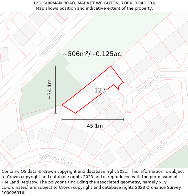 123, SHIPMAN ROAD, MARKET WEIGHTON, YORK, YO43 3RA: Plot and title map