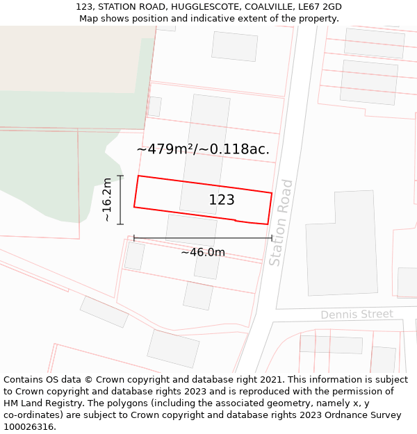 123, STATION ROAD, HUGGLESCOTE, COALVILLE, LE67 2GD: Plot and title map