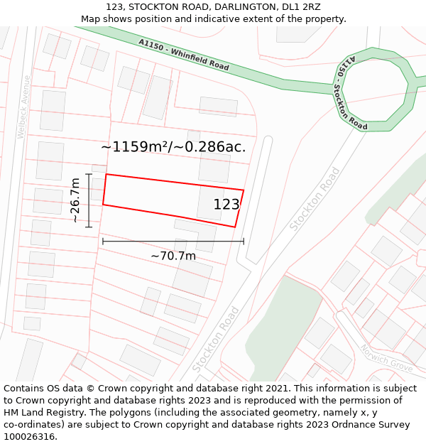 123, STOCKTON ROAD, DARLINGTON, DL1 2RZ: Plot and title map