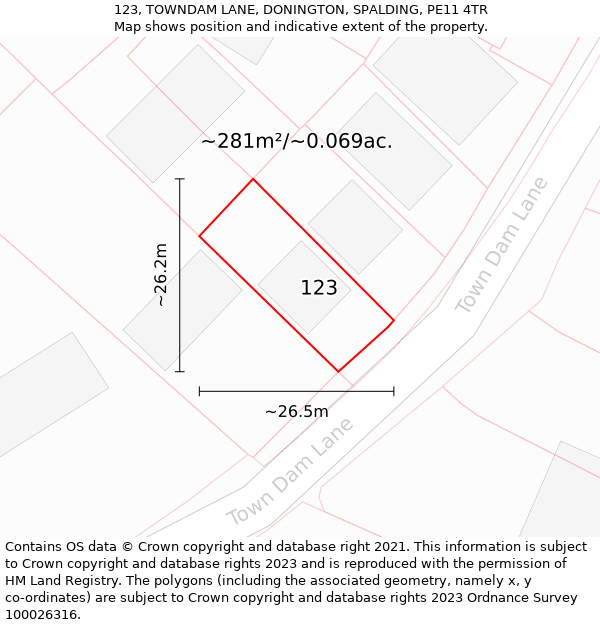 123, TOWNDAM LANE, DONINGTON, SPALDING, PE11 4TR: Plot and title map