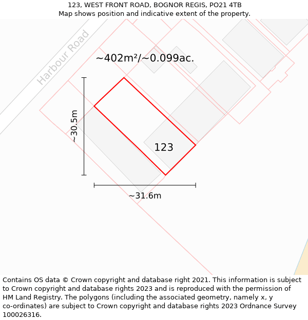 123, WEST FRONT ROAD, BOGNOR REGIS, PO21 4TB: Plot and title map