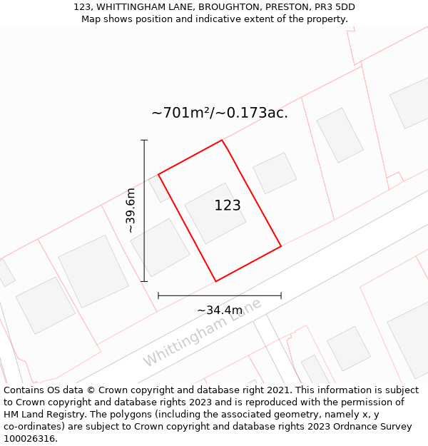 123, WHITTINGHAM LANE, BROUGHTON, PRESTON, PR3 5DD: Plot and title map