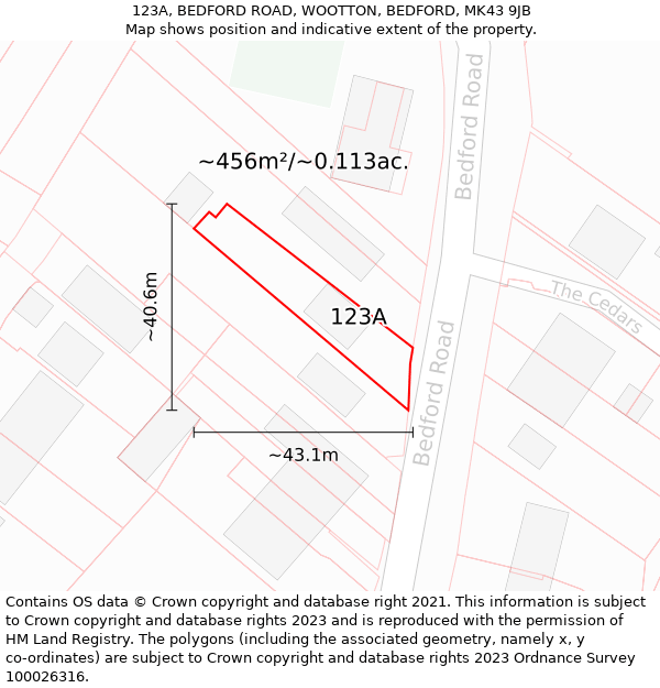 123A, BEDFORD ROAD, WOOTTON, BEDFORD, MK43 9JB: Plot and title map