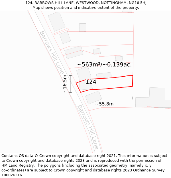 124, BARROWS HILL LANE, WESTWOOD, NOTTINGHAM, NG16 5HJ: Plot and title map