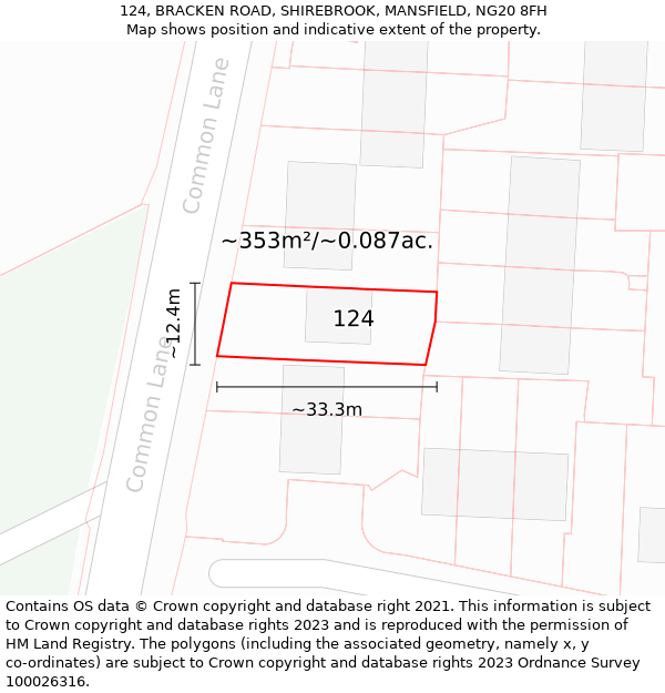 124, BRACKEN ROAD, SHIREBROOK, MANSFIELD, NG20 8FH: Plot and title map