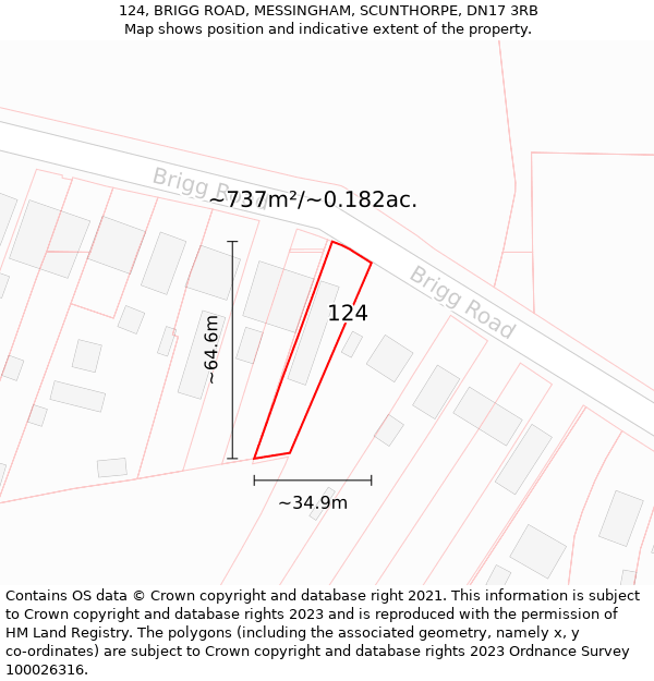 124, BRIGG ROAD, MESSINGHAM, SCUNTHORPE, DN17 3RB: Plot and title map