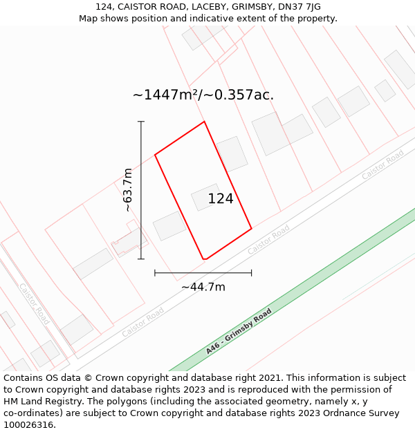 124, CAISTOR ROAD, LACEBY, GRIMSBY, DN37 7JG: Plot and title map