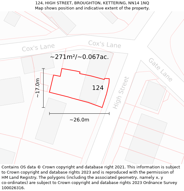 124, HIGH STREET, BROUGHTON, KETTERING, NN14 1NQ: Plot and title map
