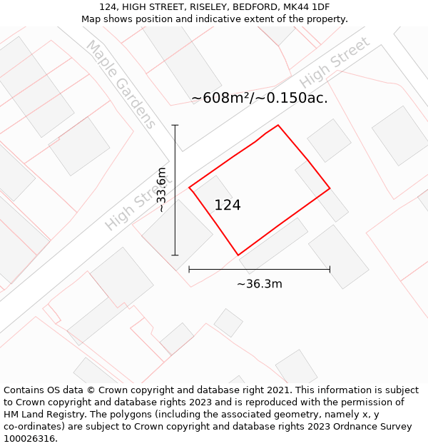 124, HIGH STREET, RISELEY, BEDFORD, MK44 1DF: Plot and title map