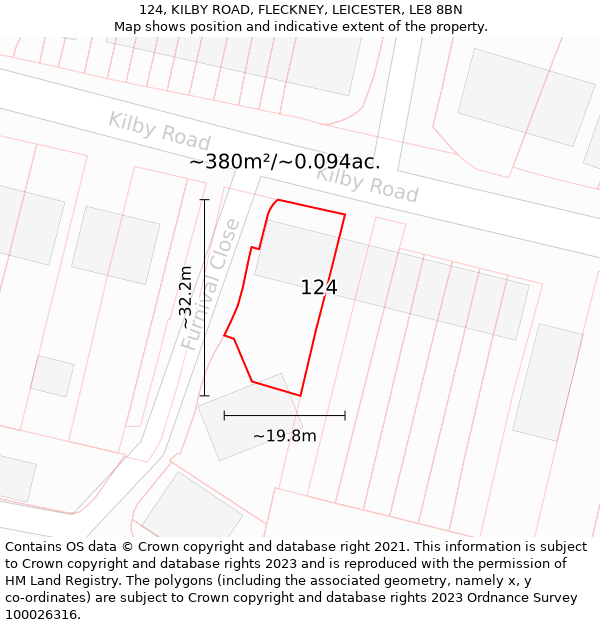 124, KILBY ROAD, FLECKNEY, LEICESTER, LE8 8BN: Plot and title map