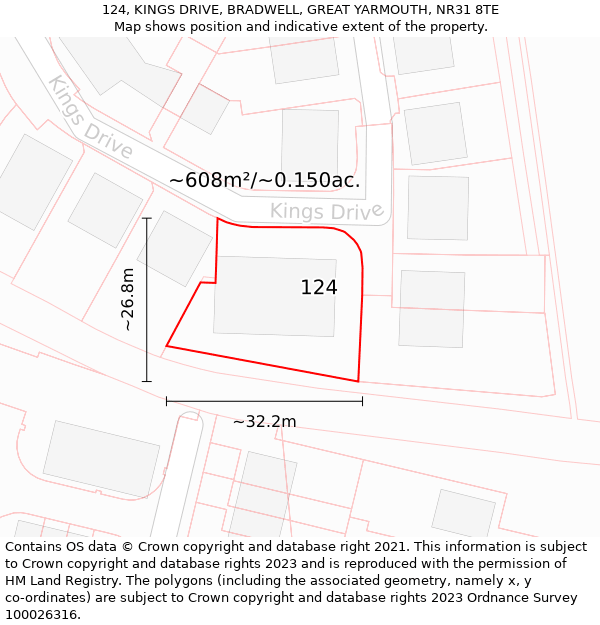 124, KINGS DRIVE, BRADWELL, GREAT YARMOUTH, NR31 8TE: Plot and title map