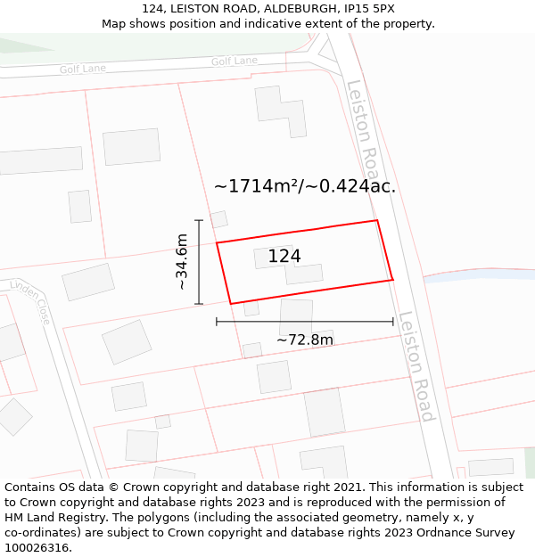 124, LEISTON ROAD, ALDEBURGH, IP15 5PX: Plot and title map