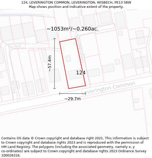 124, LEVERINGTON COMMON, LEVERINGTON, WISBECH, PE13 5BW: Plot and title map