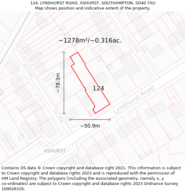 124, LYNDHURST ROAD, ASHURST, SOUTHAMPTON, SO40 7AU: Plot and title map