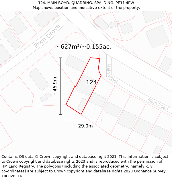 124, MAIN ROAD, QUADRING, SPALDING, PE11 4PW: Plot and title map