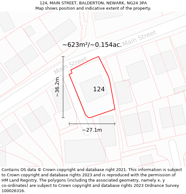 124, MAIN STREET, BALDERTON, NEWARK, NG24 3PA: Plot and title map