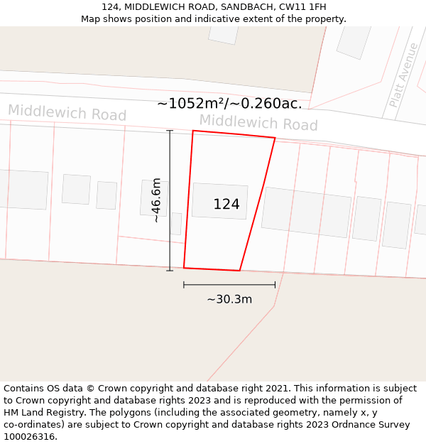124, MIDDLEWICH ROAD, SANDBACH, CW11 1FH: Plot and title map